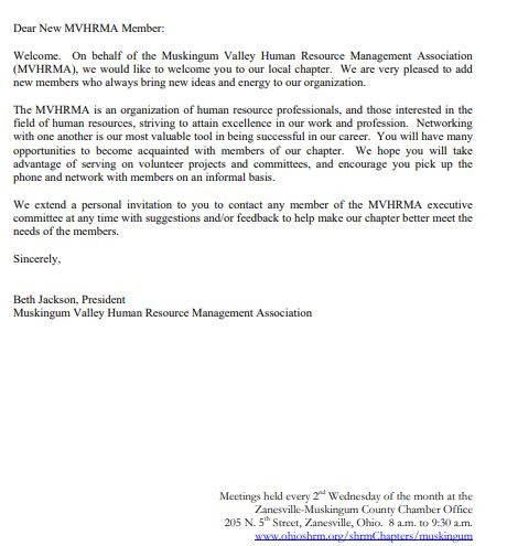 The Muskingum Valley Human Resources Association welcome letter, introducing the association and how members can provide feedback.