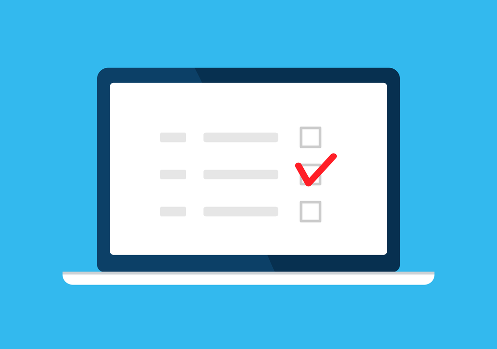 A laptop screen showing a needs assessment survey, with one checkmark among several multiple choice options.