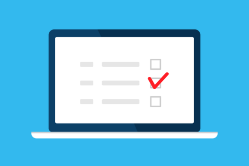 A laptop screen showing a needs assessment survey, with one checkmark among several multiple choice options.