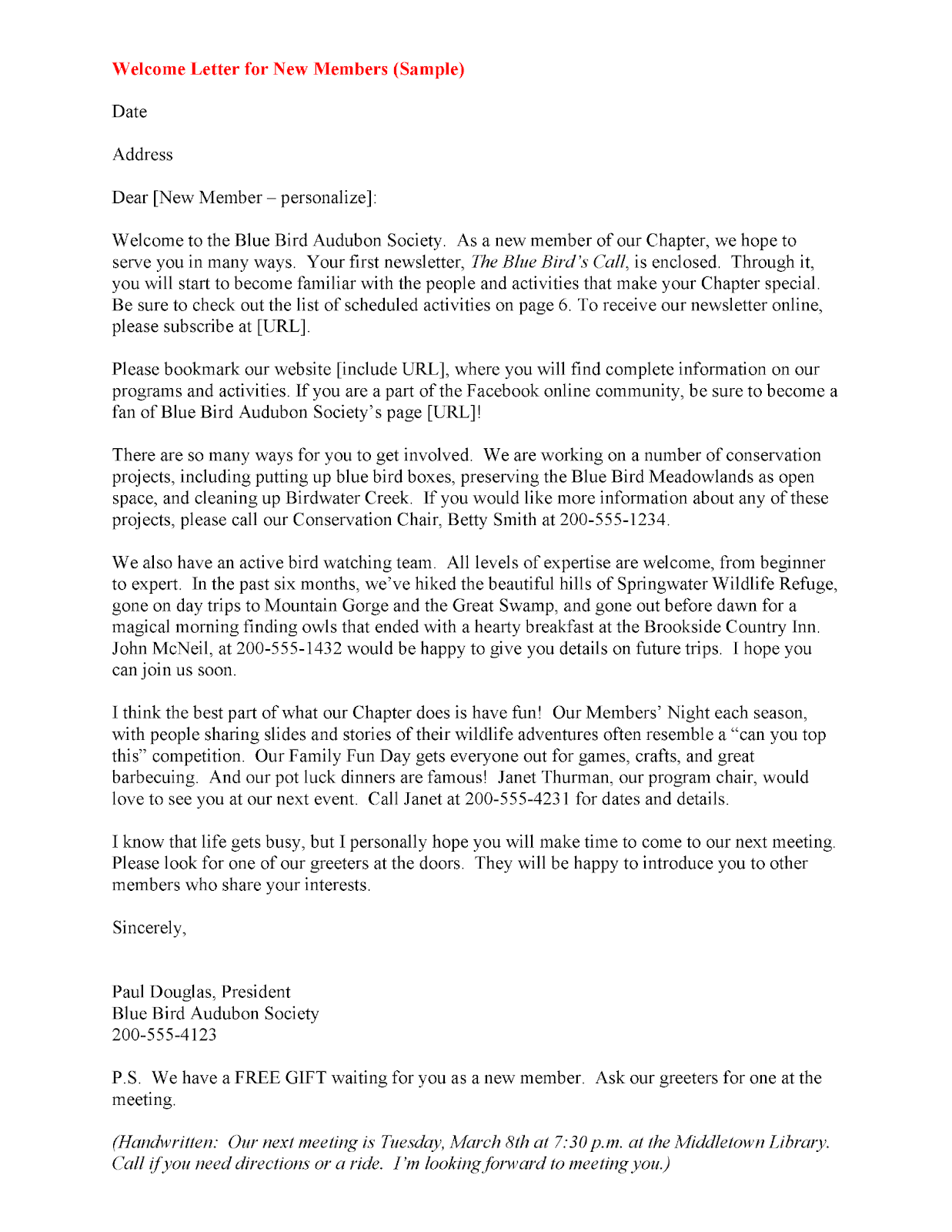 The Blue Bird Audubon Society welcome letter sample for new members, including newsletters, website links, contact numbers, and featured events.
